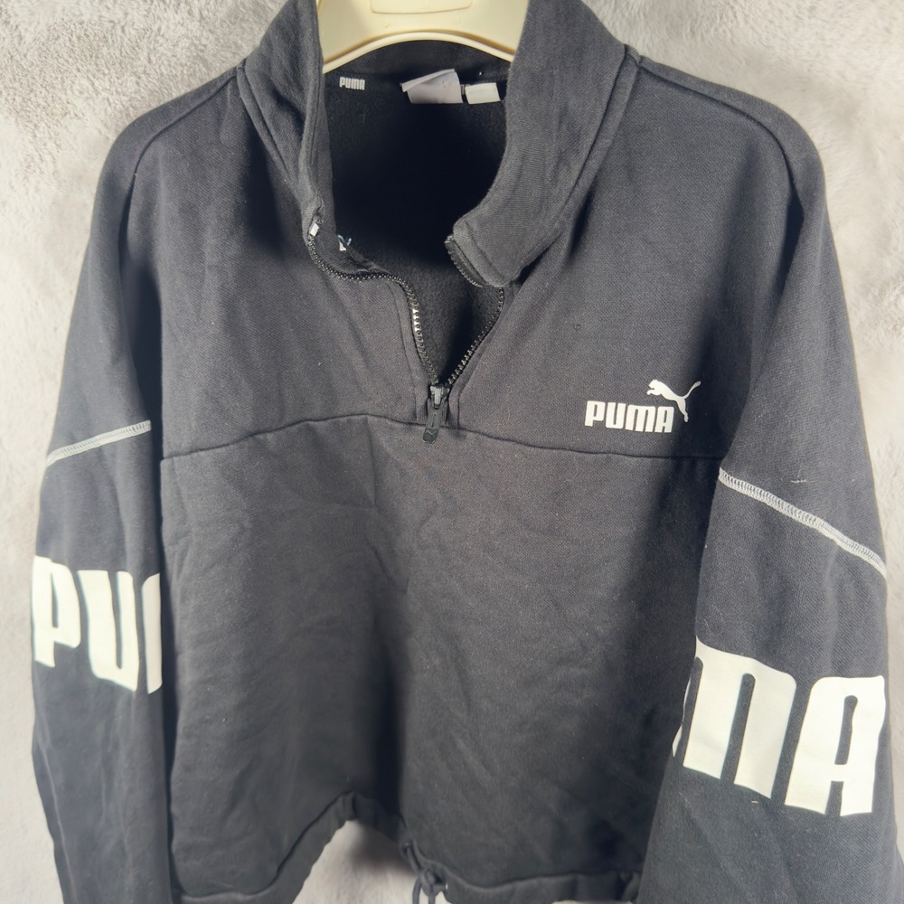 Puma Womens 3XL Black Quarter Zip Cropped Pullover Sweatshirt Fleece Logo 533519